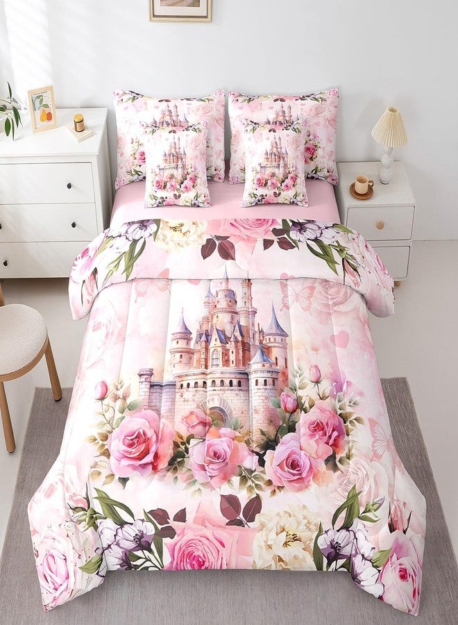 Man Fei Manfei Girls Princess Full Bedding Set 7 Pieces,Cartoon Castle Pink Comforter Sets,Blooming Flowers Bedding Comforter Sets with 1 Comforter,2 Pillowcases,2 Pillow Covers,1 Flat Sheet,1 Fitted Sheet - Image 3