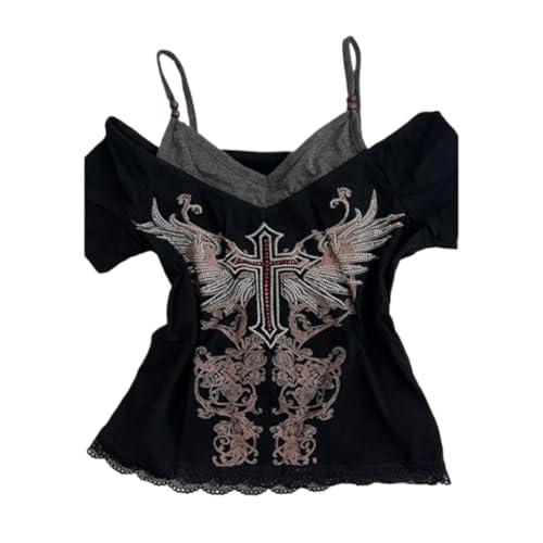 MANGMAO Emo Grunge Shirts Women 2000s Graphic Baby Tees Fake Two Piece Short Sleeve Vintage Y2k Crop Top Goth Alt Clothes (Black Red,M,Medium) - Image 1