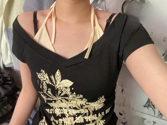 MANGMAO Emo Grunge Shirts Women 2000s Graphic Baby Tees Fake Two Piece Short Sleeve Vintage Y2k Crop Top Goth Alt Clothes (Black Red,M,Medium) - Image 3