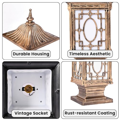 GIGAWATTS 1267 Outdoor Gate Light – 101% Rust & Waterproof Die-Casting Aluminium Exterior Piller Lamp Base Mount for Garden, Boundary Walls & Home Entrances (B22 Holder, Bulb Not Included, Gold) - Image 4