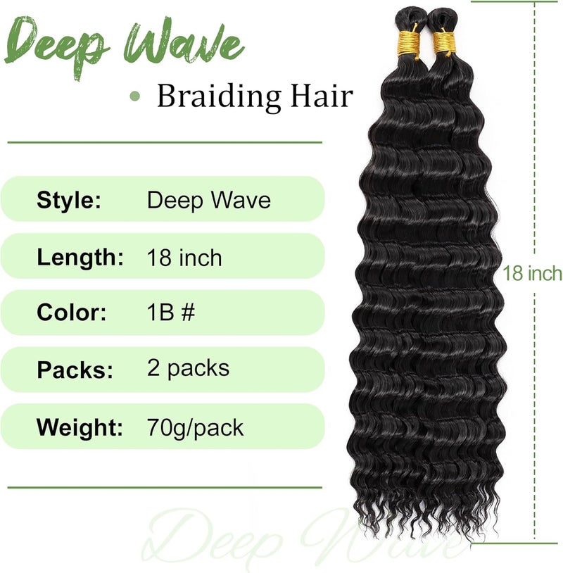 Eerya Long Curly Braiding Hair for Boho Braids 18 Inch 2 Packs Deep Ocean Wave Crochet Hair for Black Women (18 inch, 1B) - Image 2