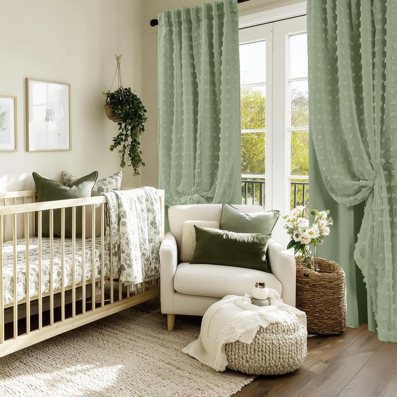 Lino Rosa Sage Green Back Tab Pom Pom Curtains for Girls Room Bedroom Nursery Living Room Blackout Curtains Double Layer,96 Inch Length - Image 3