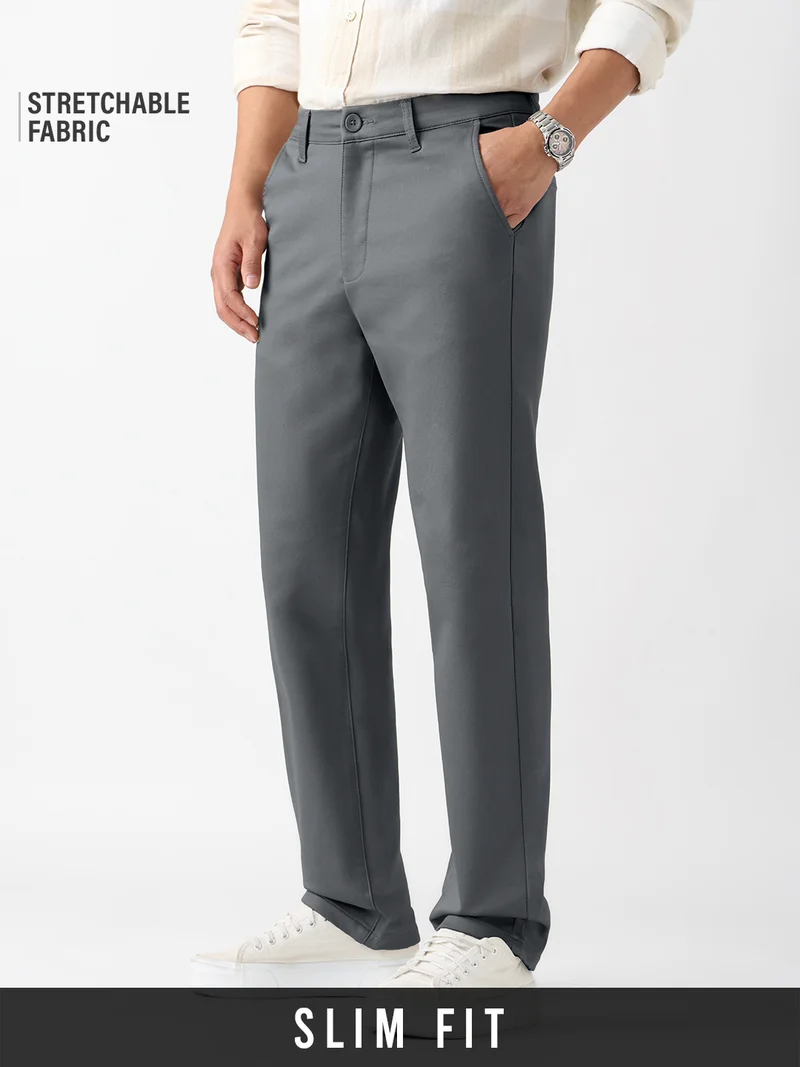 The Souled Store Chino Pants: Pebble Grey Men And Boys Solid Cotton Spandex Blend Slim Fit Stretch Fabric Trousers