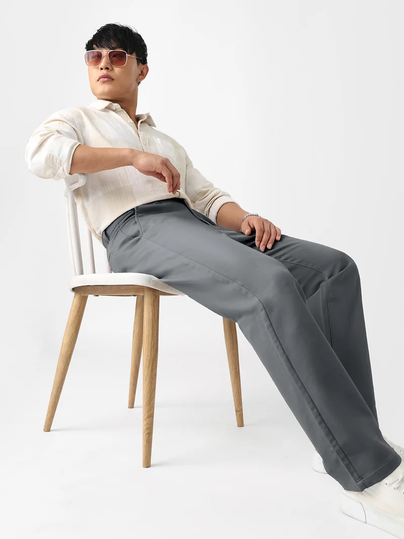 The Souled Store  The Souled Store Chino Pants: Pebble Grey Men And Boys Solid Cotton Spandex Blend Slim Fit Stretch Fabric Trousers  | Best Price UAE
