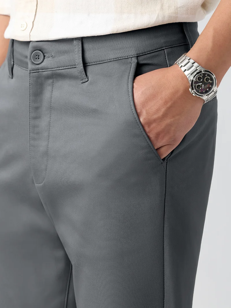 The Souled Store  The Souled Store Chino Pants: Pebble Grey Men And Boys Solid Cotton Spandex Blend Slim Fit Stretch Fabric Trousers  | Best Price UAE