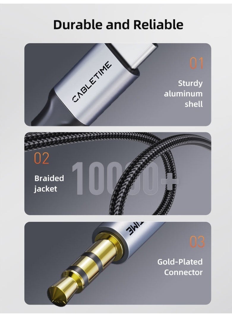 CABLETIME USB C TO 3.5MM AUX CABLE COMPATIBLE WITH IPHONE 16/15 SERIES, CAR AUDIO AUXILIARY CORD TYPE C TO 3.5MM JACK ADAPTER COMPATIBLE WITH IPAD, SAMSUNG & USB-C PHONES – HIFI STEREO SOUND, DURABLE DESIGN - Image 4
