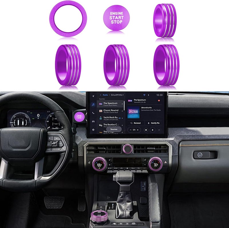 HDUFC For Toyota Tacoma 2024 2025/4Runner/4Runner Hybrid 2025 One Touch Start, Screen Center Console Button Knob Cover Ring Air Conditioner AC Switch Audio Aluminum Alloy Parts 6pcs (14-inch screen, purple) - Image 1