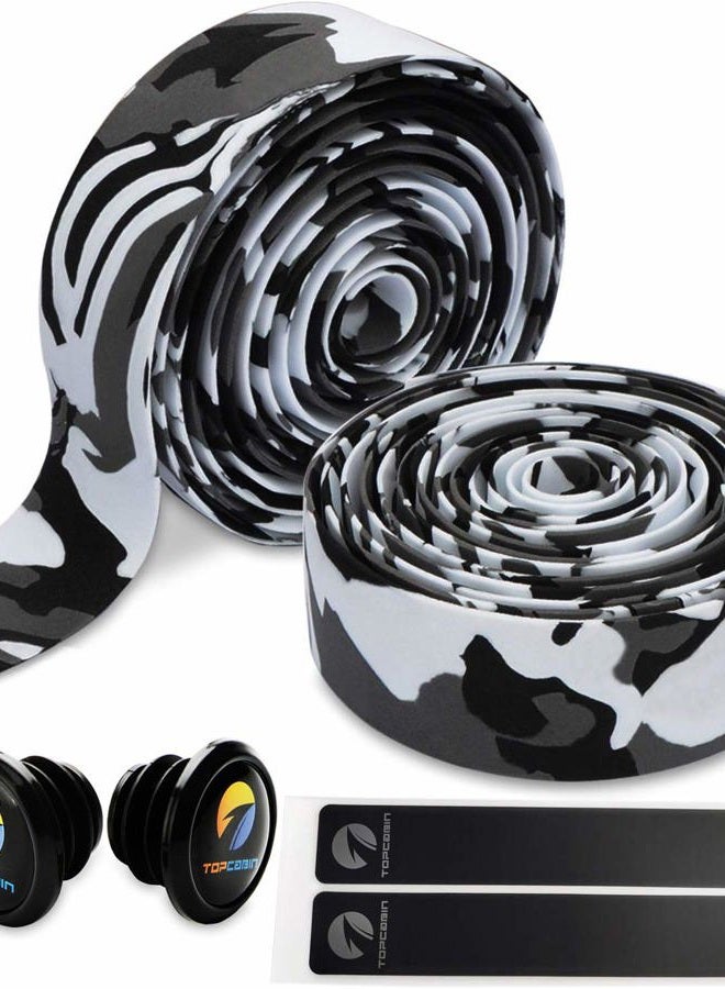 TOPCABIN Camouflage Series Comfort Gel Road Bike Handlebar Tape Bike Bar Tape with Reflective Bar Plugs (White (a Pair)) - Image 1