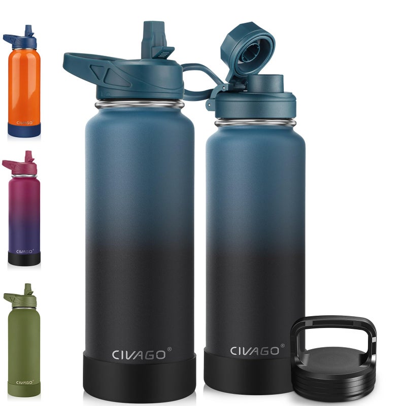 CIVAGO 40 oz Insulated Water Bottle With Straw Stainless Steel Sports Water Cup Flask with 3 Lids Straw Spout and Handle Lid Double Walled Travel Thermal Canteen Mug Indigo Black