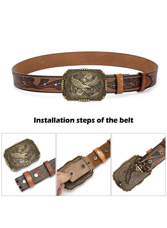 bison denim Men's Western cowboy belt Classic Double embossed leather belts with Printed Engraved Buckle - Image 5