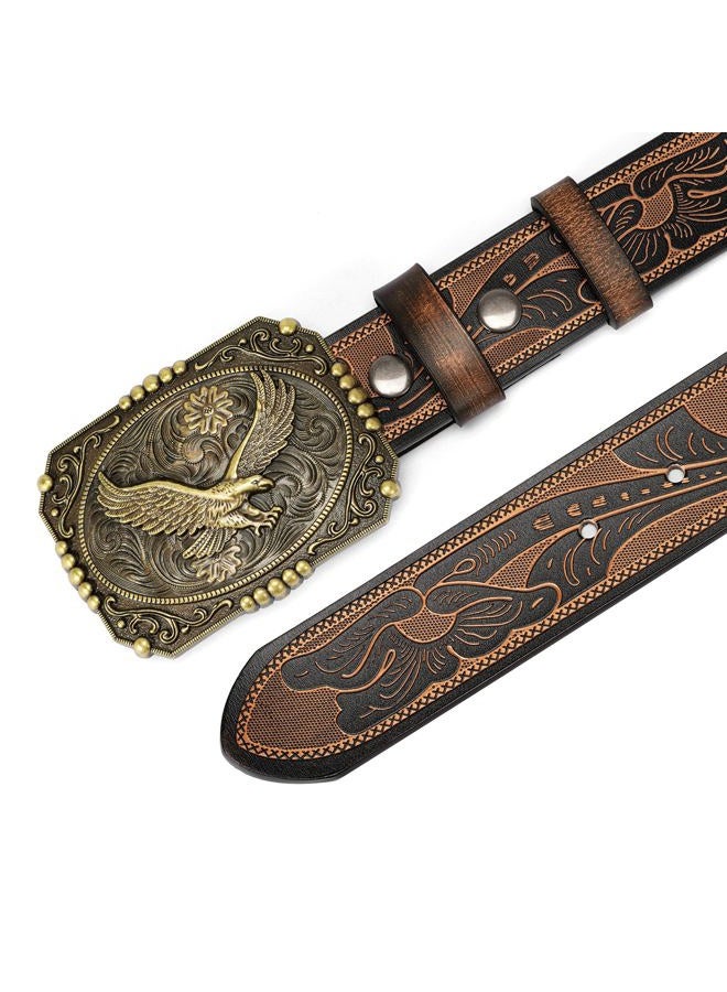 bison denim Men's Western cowboy belt Classic Double embossed leather belts with Printed Engraved Buckle - Image 3