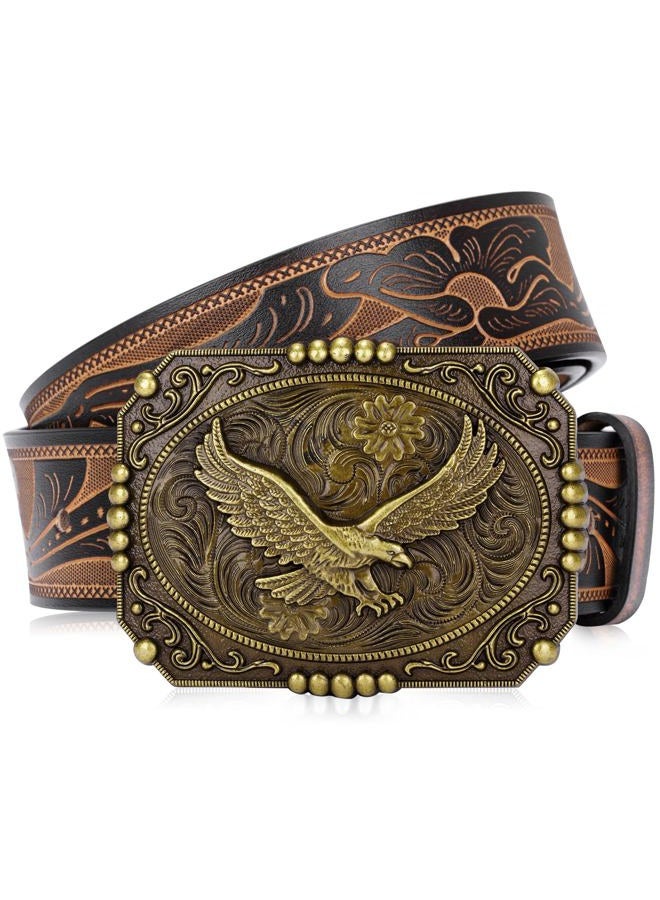 bison denim Men's Western cowboy belt Classic Double embossed leather belts with Printed Engraved Buckle - Image 1
