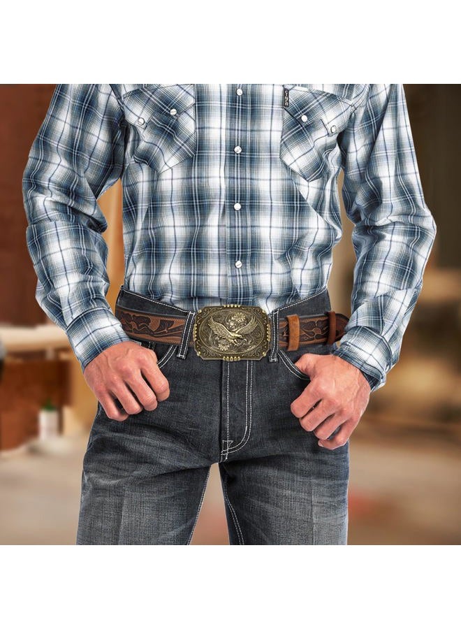 bison denim Men's Western cowboy belt Classic Double embossed leather belts with Printed Engraved Buckle - Image 2