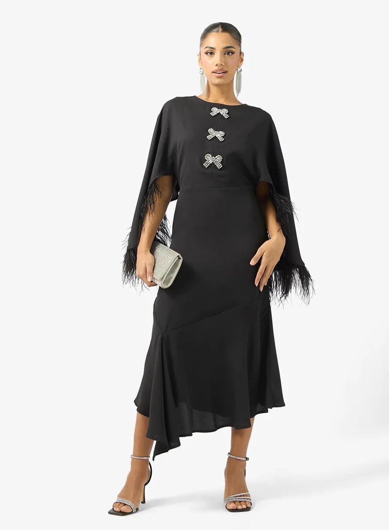 Hope & Ivy Embellished Feather Trim  Maxi Dress