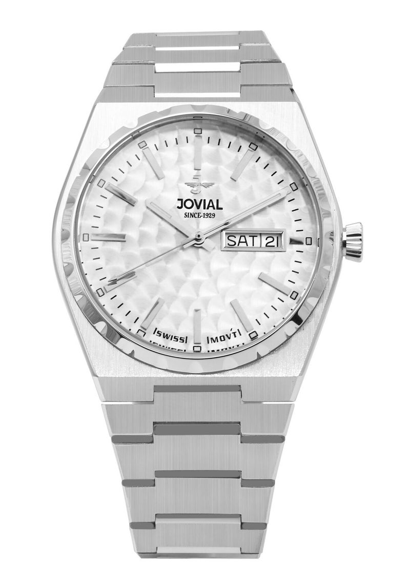 جوفيال ساعة جوفيال 1540GSMQ01E، ساعة رجالية أنيقة، مصنوعة من الفولاذ المقاوم للصدأ، مينا أبيض، مشبك فراشة، عرض اليوم والتاريخ، 40 مم - Image 1