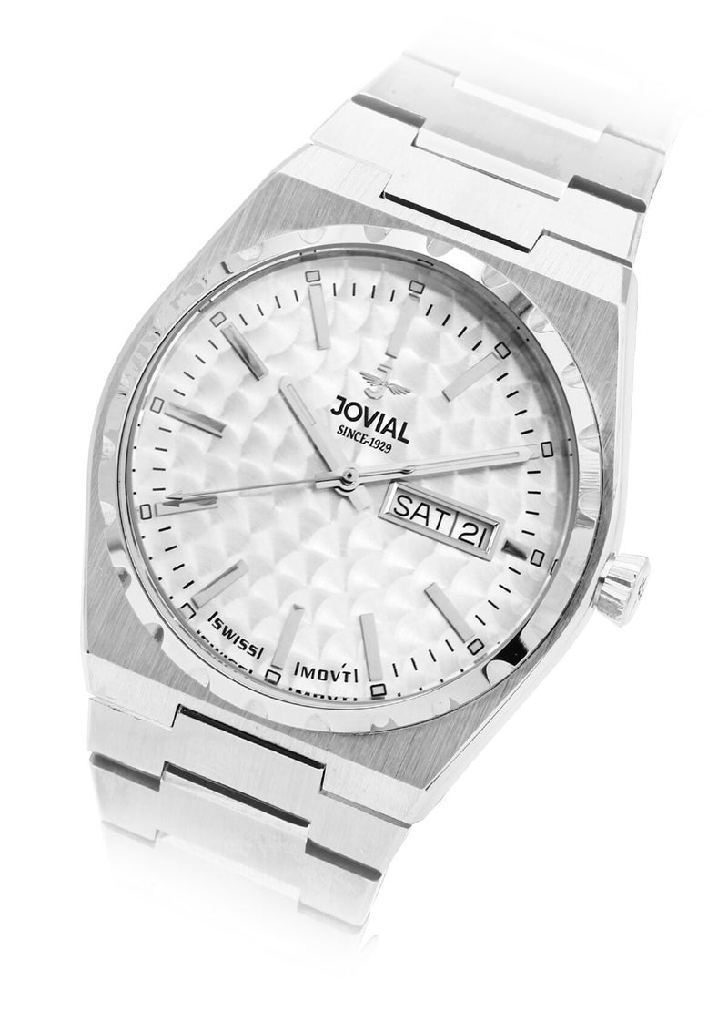 جوفيال ساعة جوفيال 1540GSMQ01E، ساعة رجالية أنيقة، مصنوعة من الفولاذ المقاوم للصدأ، مينا أبيض، مشبك فراشة، عرض اليوم والتاريخ، 40 مم - Image 2