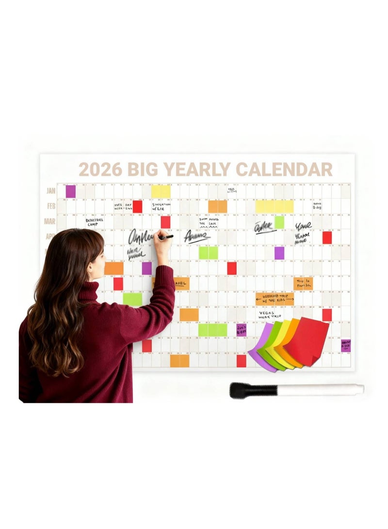 ChicAbode تقويم بيج إيه 2026، تقويم حائط سنوي قابل للمسح الجاف، تقويم كبير لمدة 12 شهرًا مع قلم وملصقات ملونة، عملي وممتع (بني) - Image 1