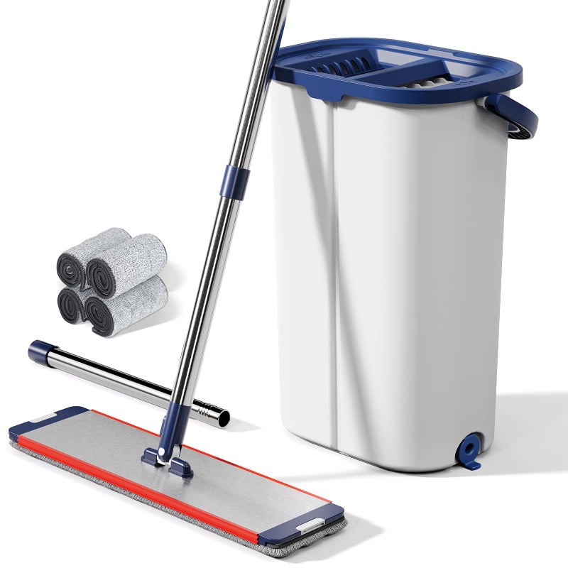 WBKATN Large Mop and Bucket with Wringer Set for Home, Hands Free Flat Floor Mop and Bucket System with 4 Washable Microfiber Pads, Wet and Dry Use, Mops for Floor Cleaning, Two Bucket Mop System - Image 1