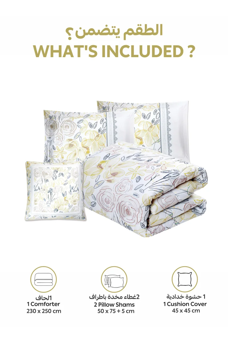Donetella Bedding Comforter Set, King Size 250x230cm - 4-Pcs Digital Print Quilted Bed Set, Microfiber Fabric - 1 Comforter, 2 Pillow Shams,1 Cushion Cover.