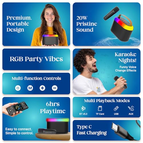 pTron Newly Launched Fusion Joy 20W Bluetooth Speaker with Wireless Karaoke Mic, 6Hrs Playtime, Vivid RGB Lights, Voice Effects, Multi-Play Modes BT5.3/TF Card & Type-C Charging Port (Black) - Image 2