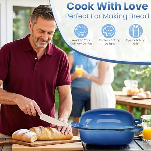 Matscover Cast Iron Dutch Bread Oven - 2.5QT Dutch Oven for Sourdough Bread Baking, Cast Iron Bread Loaf Pan with Perforated Non-Stick Silicone Liner, Blue Oval Bread Baking Pan, Gift for Family & Baker - Image 4