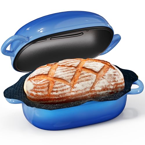 Matscover Cast Iron Dutch Bread Oven - 2.5QT Dutch Oven for Sourdough Bread Baking, Cast Iron Bread Loaf Pan with Perforated Non-Stick Silicone Liner, Blue Oval Bread Baking Pan, Gift for Family & Baker - Image 1