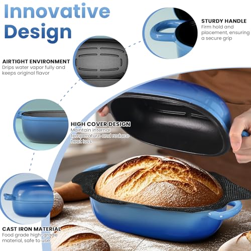 Matscover Cast Iron Dutch Bread Oven - 2.5QT Dutch Oven for Sourdough Bread Baking, Cast Iron Bread Loaf Pan with Perforated Non-Stick Silicone Liner, Blue Oval Bread Baking Pan, Gift for Family & Baker - Image 5