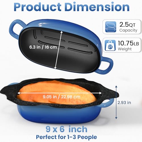 Matscover Cast Iron Dutch Bread Oven - 2.5QT Dutch Oven for Sourdough Bread Baking, Cast Iron Bread Loaf Pan with Perforated Non-Stick Silicone Liner, Blue Oval Bread Baking Pan, Gift for Family & Baker - Image 2