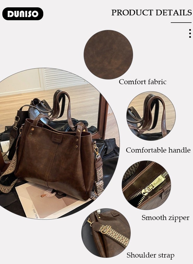 DUNISO Women's Shoulder Tote Bag, Black PU Shoulder Bag, Large Capacity Satchel Bag with Adjustable Shoulder Strap, Fashionable Travel Messenger Shoulder Bag For Ladies - Image 2