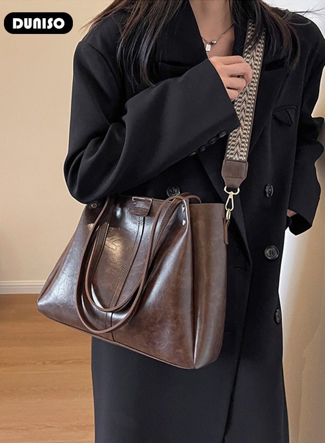 DUNISO Women's Shoulder Tote Bag, Black PU Shoulder Bag, Large Capacity Satchel Bag with Adjustable Shoulder Strap, Fashionable Travel Messenger Shoulder Bag For Ladies - Image 3