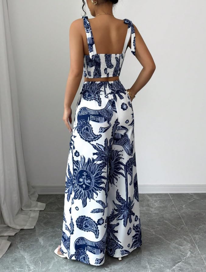THLAI Summer Women 2 Piece Outfits Print V-Neck Cami Crop Top and Smocked Wide Leg Pants Set Vacation Outfits - Image 2