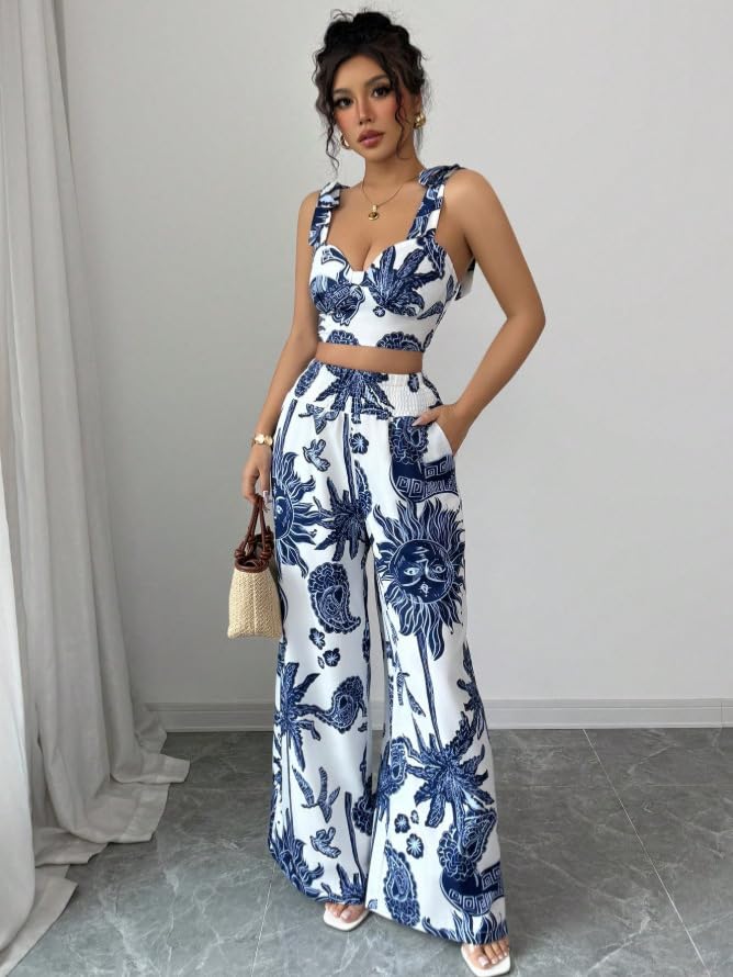 THLAI Summer Women 2 Piece Outfits Print V-Neck Cami Crop Top and Smocked Wide Leg Pants Set Vacation Outfits - Image 5