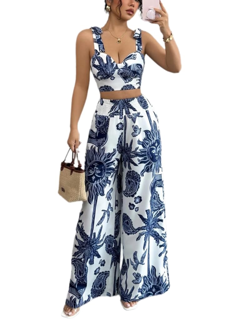 THLAI Summer Women 2 Piece Outfits Print V-Neck Cami Crop Top and Smocked Wide Leg Pants Set Vacation Outfits - Image 1