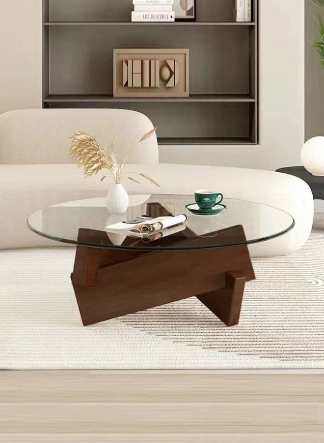 فاشون هوم 1-قطعة جولة طاولة القهوة الزجاج الأعلى غير النظامية الخشب قاعدة هندسية أريكة الجانب نهاية الجدول لغرفة المعيشة مكتب غرفة نوم 80x30 سم - Image 1