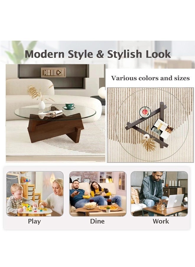 فاشون هوم 1-قطعة جولة طاولة القهوة الزجاج الأعلى غير النظامية الخشب قاعدة هندسية أريكة الجانب نهاية الجدول لغرفة المعيشة مكتب غرفة نوم 80x30 سم - Image 2