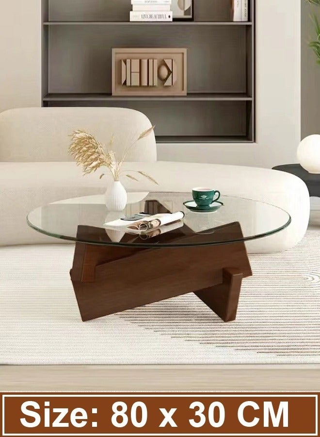 فاشون هوم 1-قطعة جولة طاولة القهوة الزجاج الأعلى غير النظامية الخشب قاعدة هندسية أريكة الجانب نهاية الجدول لغرفة المعيشة مكتب غرفة نوم 80x30 سم - Image 4