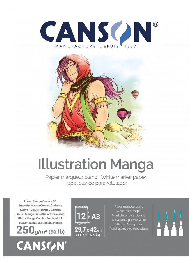 Canson Illustation 250gsm Drawing Paper, high-White Smooth Texture, A3 pad Including 12 Sheets