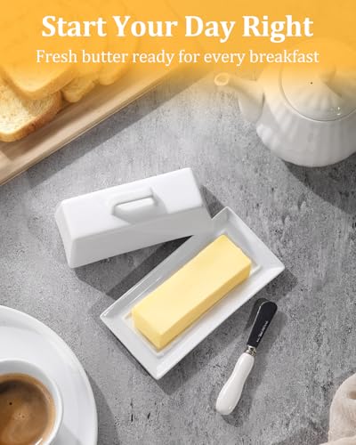 Yedio Porcelain Butter Dish with Lid and Knife for Countertop Refrigerator，White Ceramic Covered Butter Holder with Handle for East West Coast Butter Stick, Dishwasher Safe - Image 4