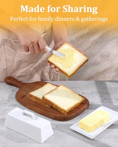 Yedio Porcelain Butter Dish with Lid and Knife for Countertop Refrigerator，White Ceramic Covered Butter Holder with Handle for East West Coast Butter Stick, Dishwasher Safe - Image 3