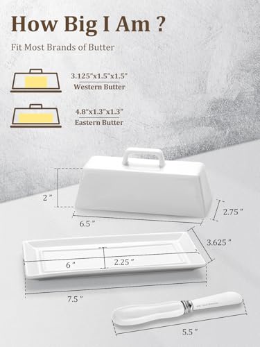 Yedio Porcelain Butter Dish with Lid and Knife for Countertop Refrigerator，White Ceramic Covered Butter Holder with Handle for East West Coast Butter Stick, Dishwasher Safe - Image 2