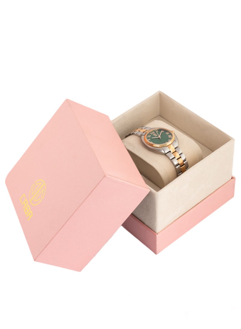 CABA Women's Watch, Studded With Zircon Stones, Roman Numbers With Green Dial, Stainless Steel Bracelet, Waterproof, Silver&Copper - 3106889SL-2 - Image 1