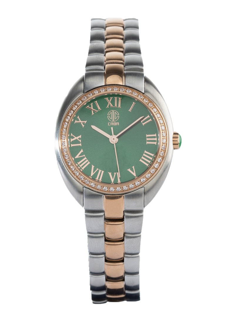 CABA Women's Watch, Studded With Zircon Stones, Roman Numbers With Green Dial, Stainless Steel Bracelet, Waterproof, Silver&Copper - 3106889SL-2 - Image 2