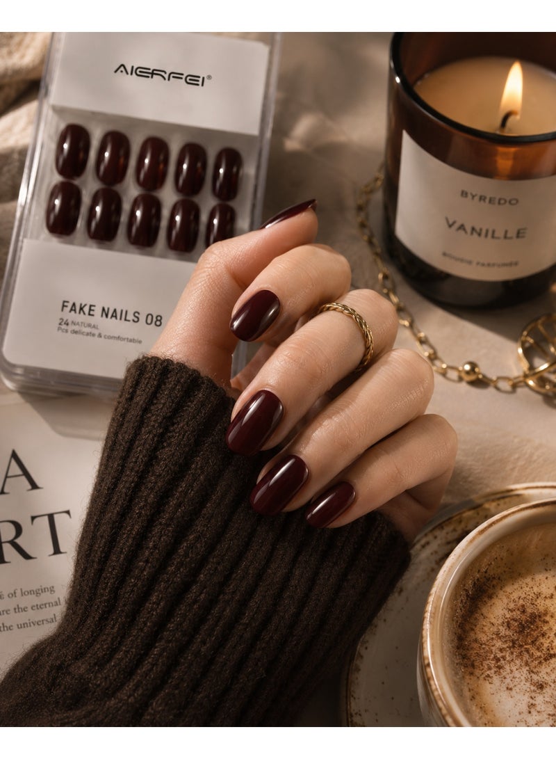 AIERFEI Premium Dark Cherry Glossy Press On Nails – 24 Pcs Reusable Fake Nails Set for Women, Short Oval Full Cover Artificial Nails with Comfortable Fit for Daily Wear & Parties - Image 1