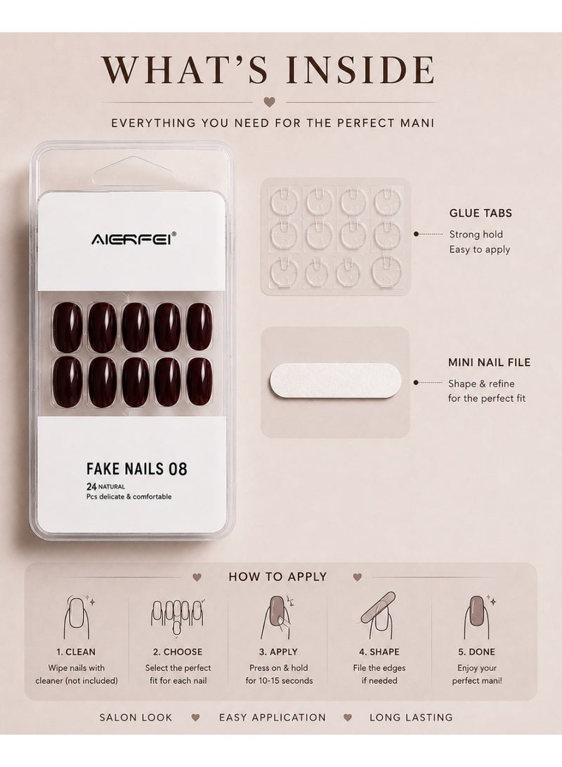 AIERFEI Premium Dark Cherry Glossy Press On Nails – 24 Pcs Reusable Fake Nails Set for Women, Short Oval Full Cover Artificial Nails with Comfortable Fit for Daily Wear & Parties - Image 4