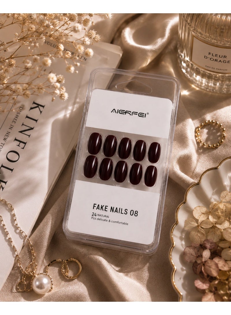 AIERFEI Premium Dark Cherry Glossy Press On Nails – 24 Pcs Reusable Fake Nails Set for Women, Short Oval Full Cover Artificial Nails with Comfortable Fit for Daily Wear & Parties - Image 2