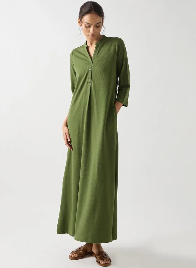 Green Cotton Knit Maxi Dress with 3/4 Sleeves