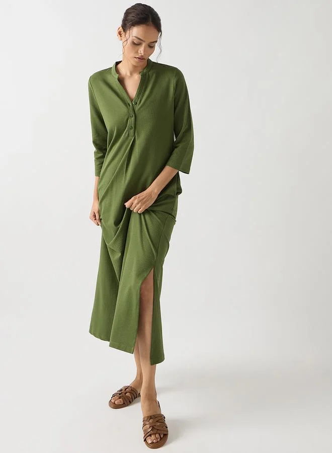 Femmella  Green Cotton Knit Maxi Dress with 3/4 Sleeves for Women | Best Price UAE