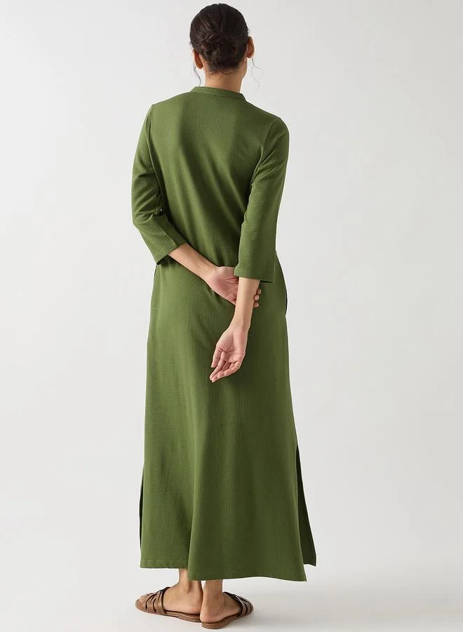Femmella  Green Cotton Knit Maxi Dress with 3/4 Sleeves for Women | Best Price UAE
