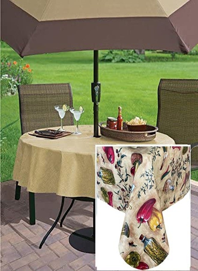 Newbridge Oil and Vinegar Tuscany Print Vinyl Flannel Backed Tablecloth, Olive Oil Bottle Indoor/Outdoor Waterproof Tablecloth, Barbeque, Patio and Kitchen Dining, 70" Zippered Umbrella Round - Image 1