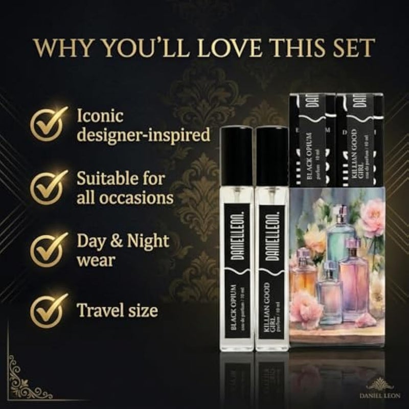 Daniel Leon Women's Perfume Set 2 x 10ml - Black Opium & Kilian Good Girl Inspired Fragrance Duo - Long Lasting Eau de Parfum - Mini Travel Size Luxury Gift Set - Image 4